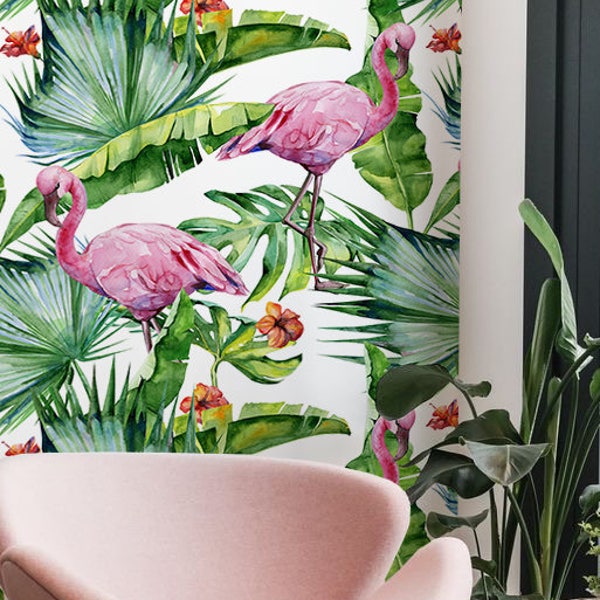 Monstera Flamingo Removable Wallpaper, Green Floral Temporary sticker, Flowers Temporary Wall Mural, Non Toxic Print #129