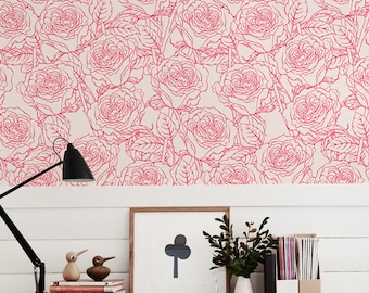 Rose Sketches Removable Wall Mural, Pink Floral Temporary Wallpaper, Floral Removable Wall Sticker, #93