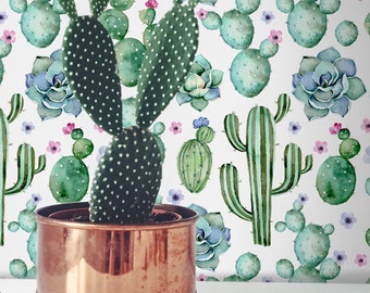 Charming Cactus Removable Wall Mural, Green  Tropical Temporary Wallpaper, Tropical Removable Wall Sticker, #61