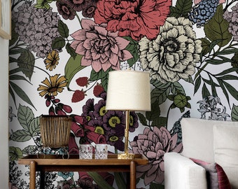 Autumn Flowers Removable Wall Mural, Red Floral Temporary Wallpaper, Floral Removable Wall sticker,  #59