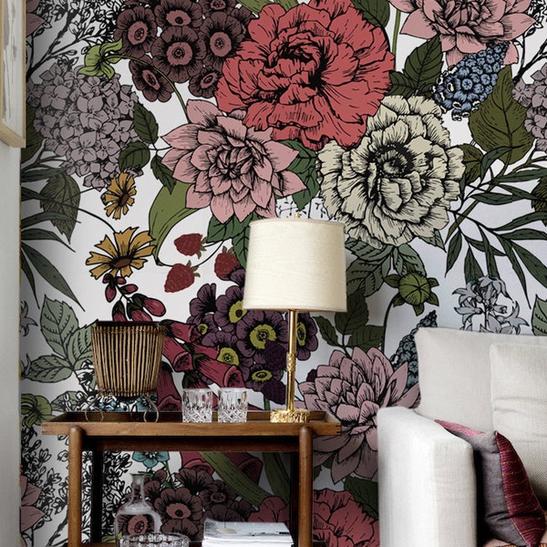 Autumn Flowers Removable Wall Mural, Red Floral Temporary Wallpaper, Floral Removable Wall sticker,  #59