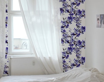 Watercolor Flowers Removable Wall Mural, Blue Floral Temporary Wallpaper, Floral Removable Wall Sticker, #85