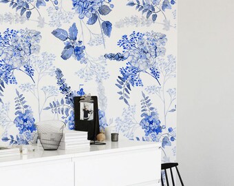 Hydrangea Removable Wall Mural, Blue Floral Temporary Wallpaper, Floral Removable Wall Sticker, #67