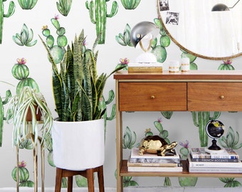 Watercolor Cacti Removable Wall Mural, Green Tropical Temporary Wallpaper, Tropical Removable Wall Sticker, #206