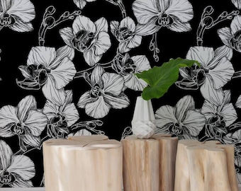 Orchid Flowers Removable Wall Mural, Black Tropical Temporary Wallpaper, Tropical Removable Wall Sticker, #95