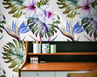 Watercolor Hibiscus Removable Wall Mural, Purple Floral Temporary Wallpaper, Floral Removable Wall sticker, #49