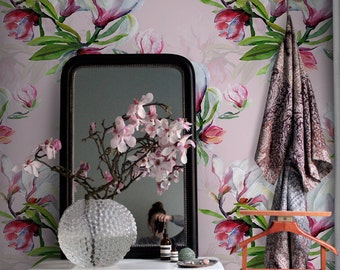 Magnolia Flower Removable Wallpaper, Pink Floral Temporary sticker, Flowers Temporary Wall Mural, Non Toxic Print #5