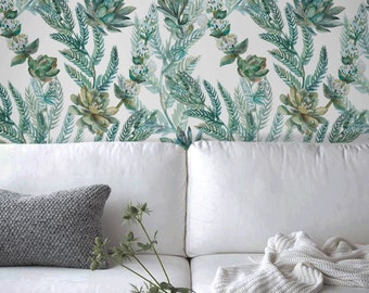 Watercolor Plants Removable Wall Mural, Green Tropical Temporary Wallpaper, Tropical Removable Wall Sticker, #32