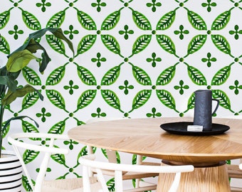 Leaves and Dots Removable Wall Mural, Green Tropical Temporary Wallpaper, Tropical Removable Wall Sticker, #80