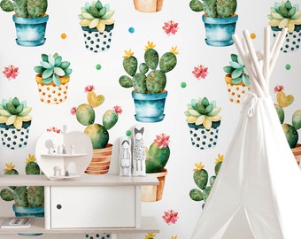 Watercolor Cactus Removable Wallpaper, Succulent Plants Wall Decor, Colorful Hand Painted Wall Mural, Green Self Adhesive Wall Art #102