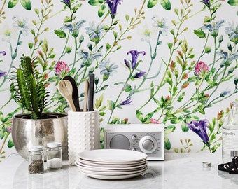 Wild Flowers Removable Wall Mural, Green Tropical Temporary Wallpaper, Tropical Removable Wall Sticker, #90
