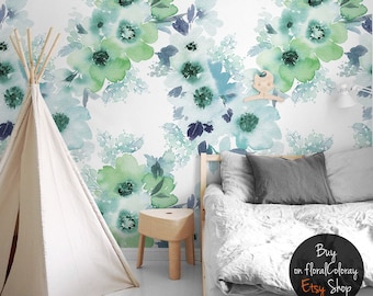 Watercolor Petals Removable Wallpaper, Green Floral Temporary sticker, Flowers Temporary Wall Mural, Non Toxic Print #143