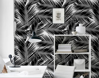 Dark Palm Tree Leaves Removable Wall Mural, Black Floral Temporary Wallpaper, Floral Removable Wall sticker, # 71