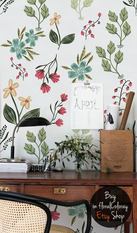 Peel-and-Stick Removable Wallpaper Botanical Floral Flower Leaves Berries Garden Peel-and-Stick Removable Wallpaper Botanical Floral Flower Leaves Berries Garden