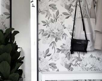 Peonies Removable Wall Mural, Gray Floral Temporary Wallpaper, Floral Removable Wall sticker, #193