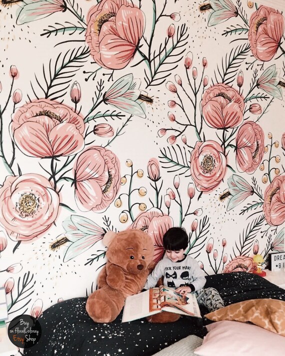 Pink Fall Wall Anemone Print Temporary Wallpaper, Etsy Toxic 114 Floral Temporary - Flowers Removable Mural, Sticker, Non