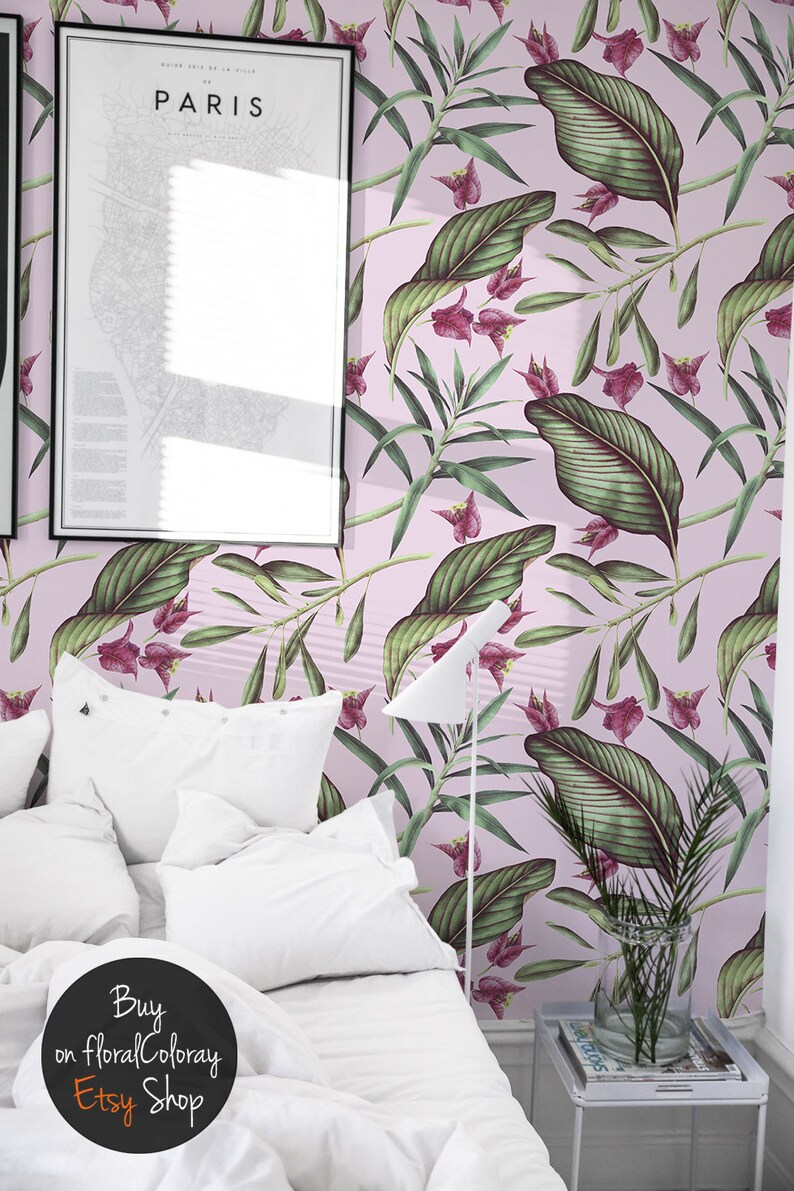 Pink Tropical Peel and Stick Wall Covering Flowers Wall Etsy