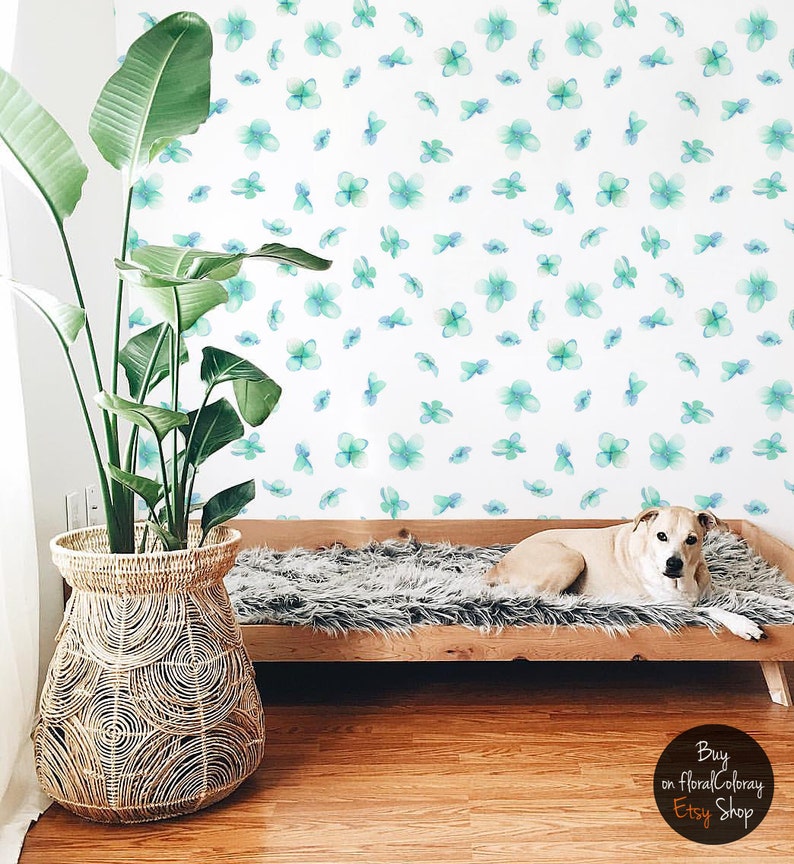Soft and elegant wall mural watercolor wallpaper White Self adhesive Turquoise myosotis wallpaper Reusable #110