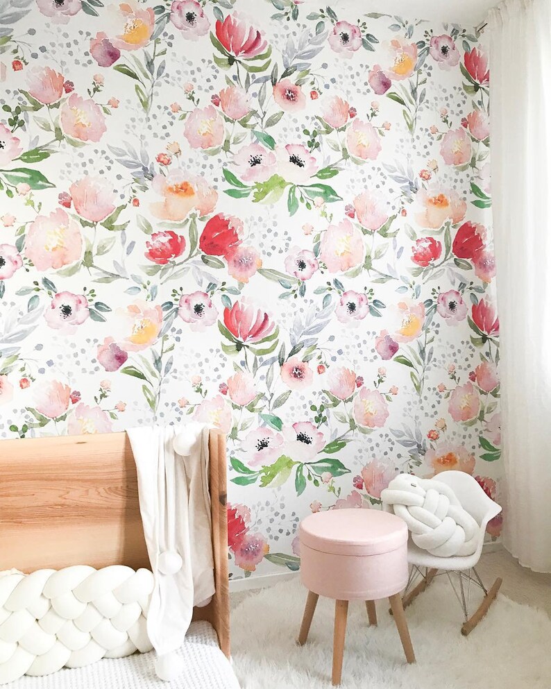 Reusable #69 Soft wall mural Pastel Dreamy floral wallpaper Watercolor