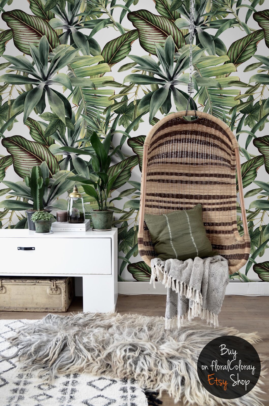 Wall Decor Dark Green Tropical Wallpaper with Palm Leaves Exotic Leaves