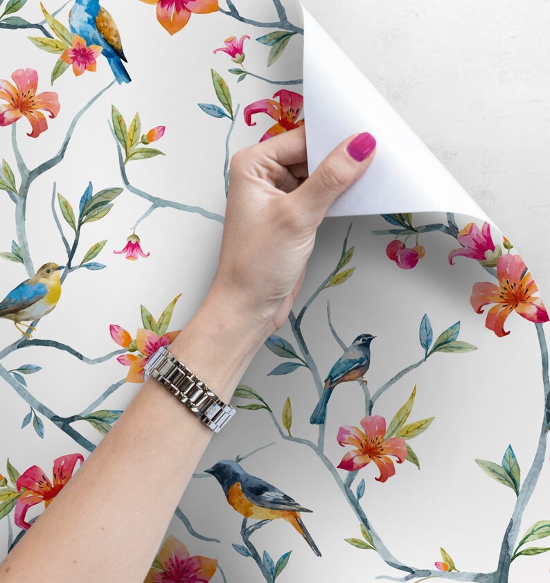 Spring removable wallpaper Birds and flowers wall mural | Etsy