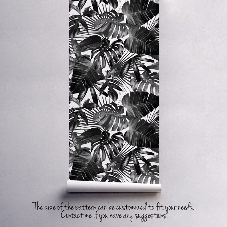 Black and white tropical leaf wallpaper Dark fabric | Etsy