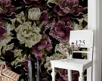 Dark Peony Removable Wall Mural, Black Floral Temporary Wallpaper, Floral Removable Wall sticker, #190