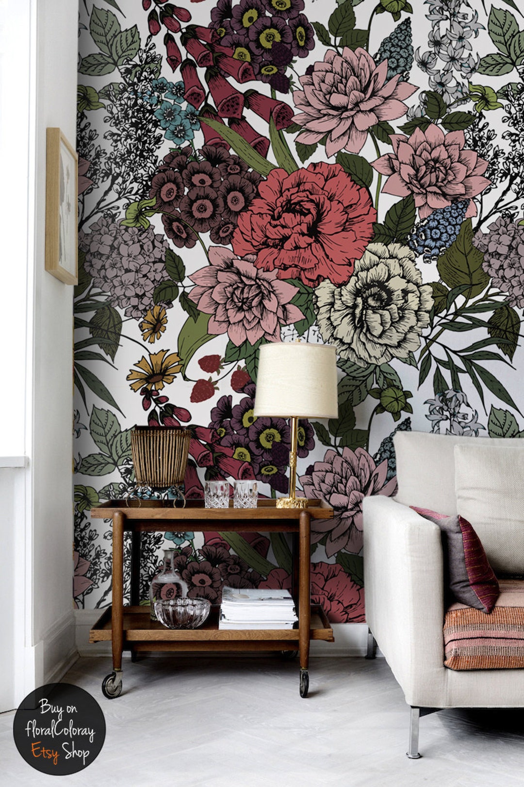 Autumn Flowers Removable Wall Mural, Red Floral Temporary Wallpaper ...