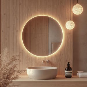 Puede incluir: Un tocador de baño moderno con un espejo redondo iluminado, un lavabo de cerámica blanca y una botella de jabón marrón. Las paredes están hechas de paneles de madera.