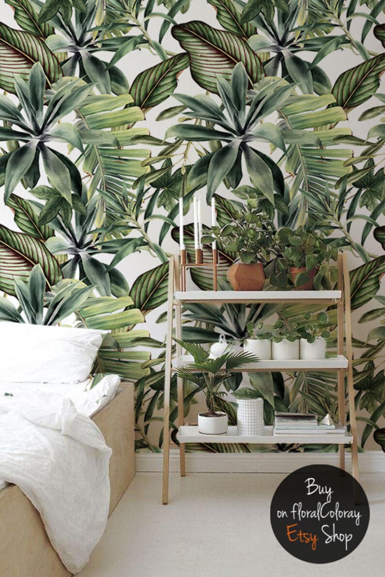 Mix of Leaves Removable Wallpaper Green Self Adhesive Wall Etsy