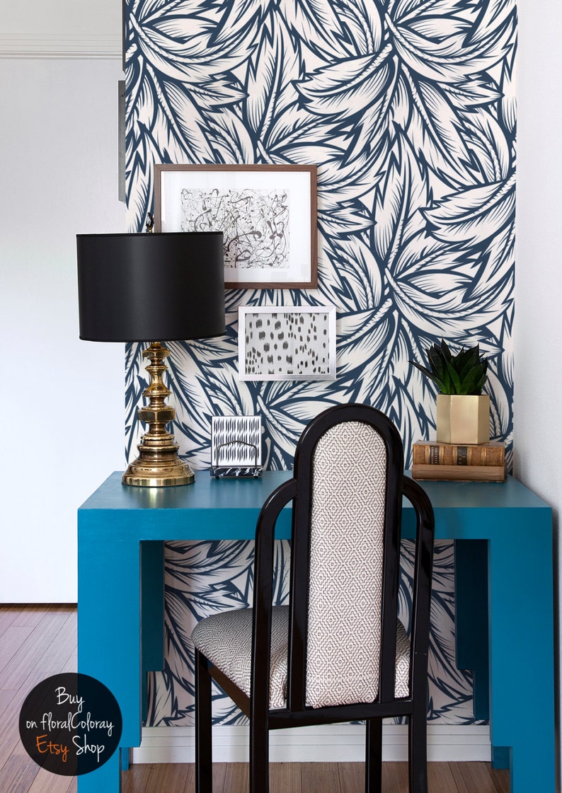 Navy blue leaves wallpaper Floral wall mural Wall Etsy