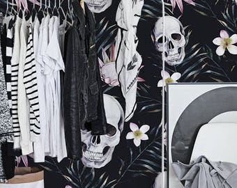 Skulls with Flowers Removable Wall Mural, Black Tropical Temporary Wallpaper, Tropical Removable Wall Sticker, #171