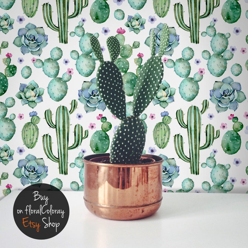 Papier peint amovible cactus charmant, papier peint temporaire tropical vert, sticker mural amovible tropical, 61 image 1