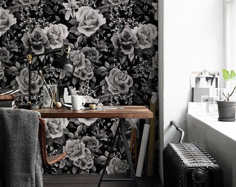 Sketch Roses Removable Wallpaper, Black Floral Temporary sticker, Flowers Temporary Wall Mural, Non Toxic Print #192