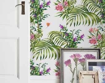 Green Palm Removable Wall Mural, Pink Tropical Temporary Wallpaper, Tropical Removable Wall Sticker, #11