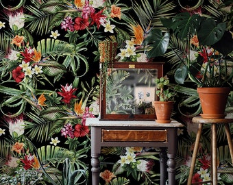 Tropical Composition Removable Wall Mural, Green  Tropical Temporary Wallpaper, Tropical Removable Wall Sticker, #207