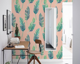 Green Leaves Removable Wall Mural, Pink Tropical Temporary Wallpaper, Tropical Removable Wall Sticker, #66