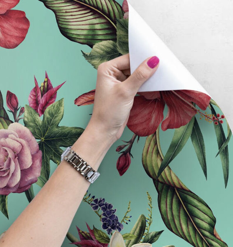 Tropical Flowers Wall Mural Hawaii Flowers Wall Decor #131 Leaves Removable Wallpaper Turquoise Exotic Wallpaper Peel/&Stick