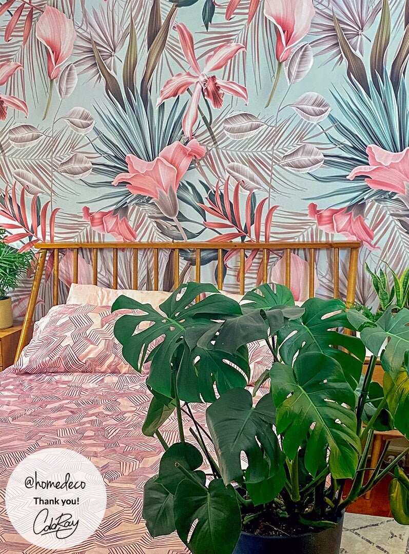 Tropical pastel flowers removable wallpaper Tropical wall Etsy