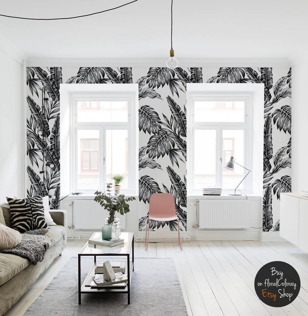10x7 ft black floral bedroom wallpaper plant WALL MURAL botanical +FREE  ADHESIVE