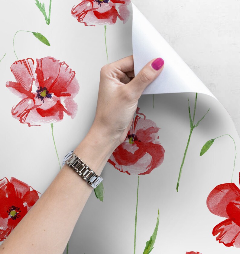 Red poppy flowers wallpaper Peel and stick wall mural | Etsy
