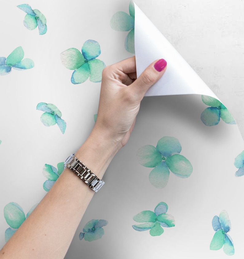 Soft and elegant wall mural watercolor wallpaper White Self adhesive Turquoise myosotis wallpaper Reusable #110