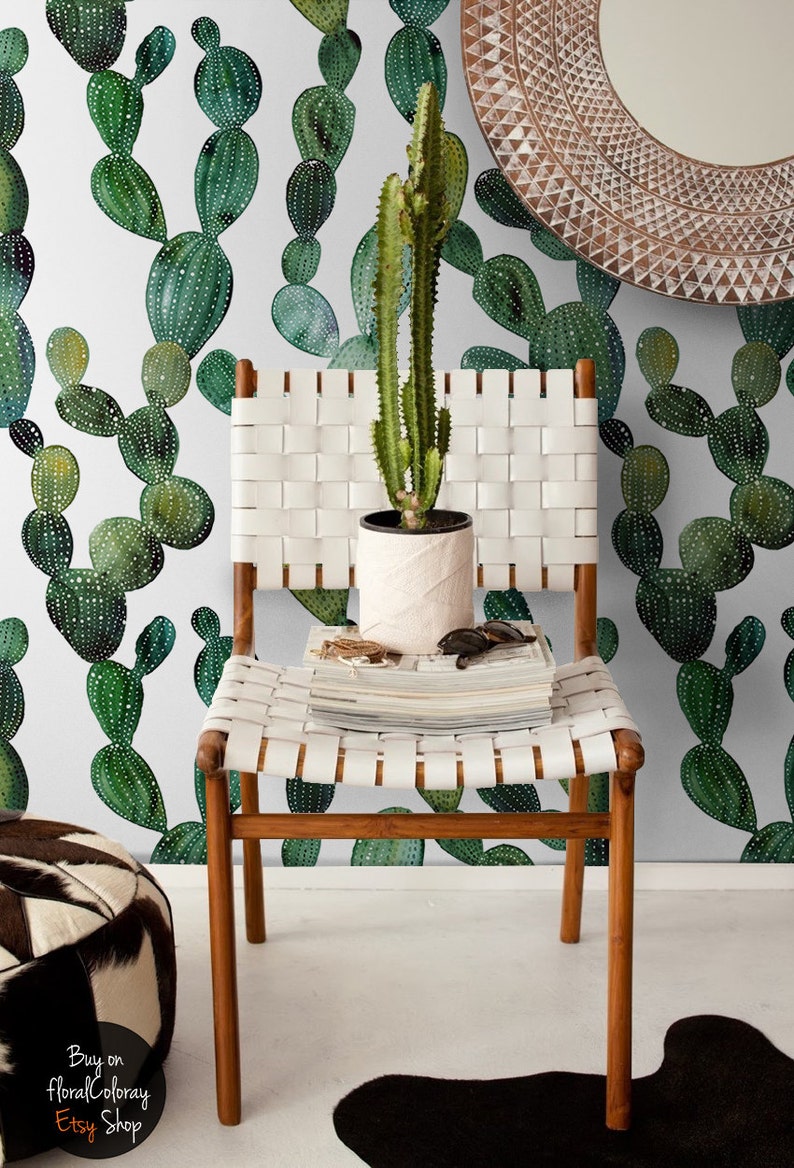 Green Cactus Wallpaper Boho Style Wall Mural Cactus Decal - Etsy