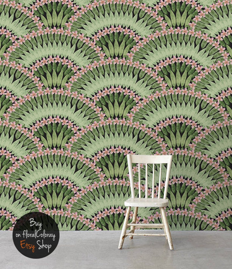 Floral Herringbone Removable Wallpaper Green Leaves With Pink Etsy