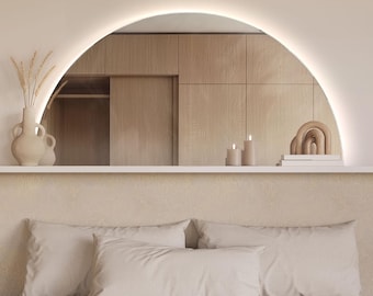 LED spiegel HALVE MAAN || 3 lichtvariaties, halve cirkelspiegel, hangende badkamerspiegel met licht, grote stijlvolle spiegel, decoratieve spiegel