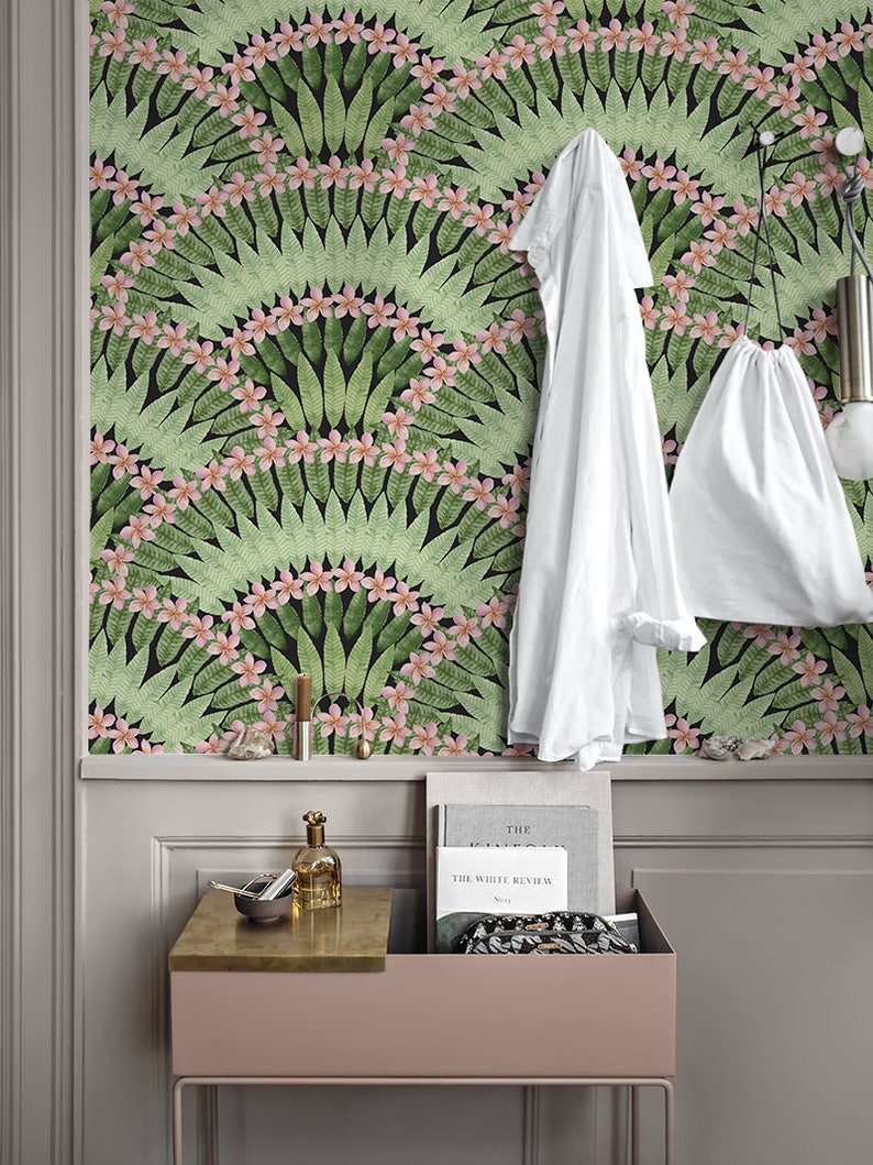 Floral Herringbone Removable Wallpaper Green Leaves With Pink Etsy