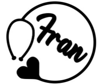 May include: Black and white illustration of a stethoscope with a heart and the name "Fran" inside a circle.