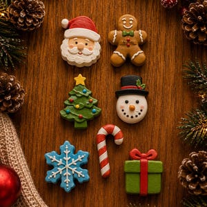 May include: A collection of seven small Christmas-themed ornaments including a Santa Claus face, a gingerbread person, a green Christmas tree, a snowman, a blue snowflake, a red and white candy cane, and a green gift box with a red bow.