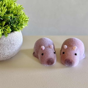 May include: Two small, plush, pink hippopotamus figurines with black eyes and small ears. The hippos are side-by-side on a light-colored surface. A green plant in a textured, light-colored pot is in the background.
