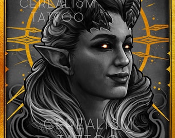 Puede incluir: Una ilustración en blanco y negro de una mujer con cuernos y ojos brillantes. El fondo es gris oscuro con detalles dorados y el texto "CEREALISM TATTOO" aparece dos veces.
